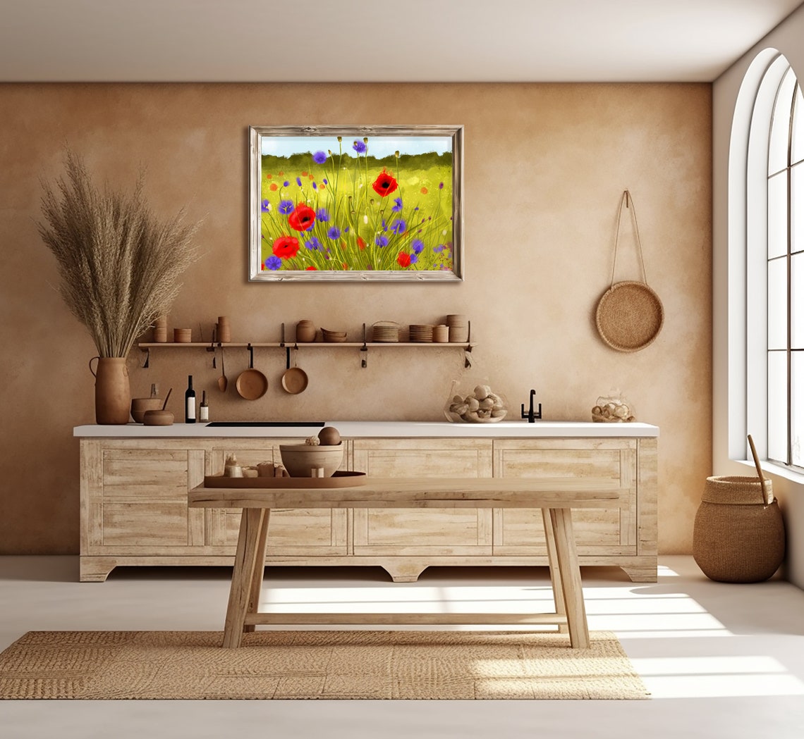 Red Poppies Purple Cornflowers Sunny Meadow Flower Field Print - Image 3
