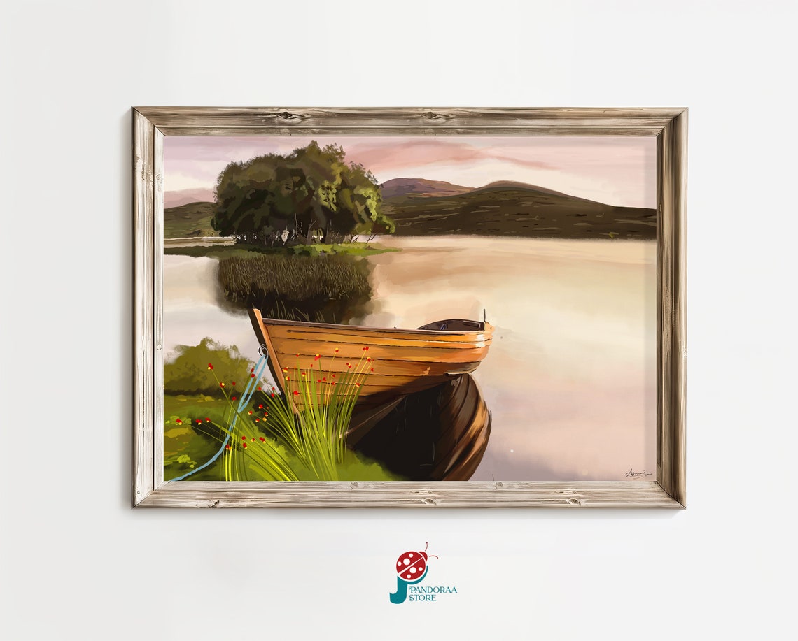 Lake And Boat Landscape Wall Art Lake House Wall Art Antique Oil Paint Art Jpg Vintage Print