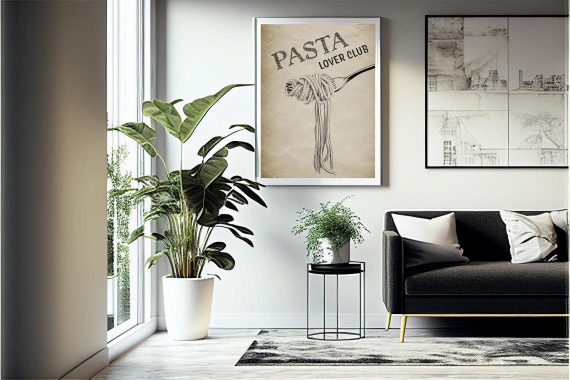 Retro Pasta Lover Club Fork Spaghetti Sketch Kitchen Wall Print - Image 2
