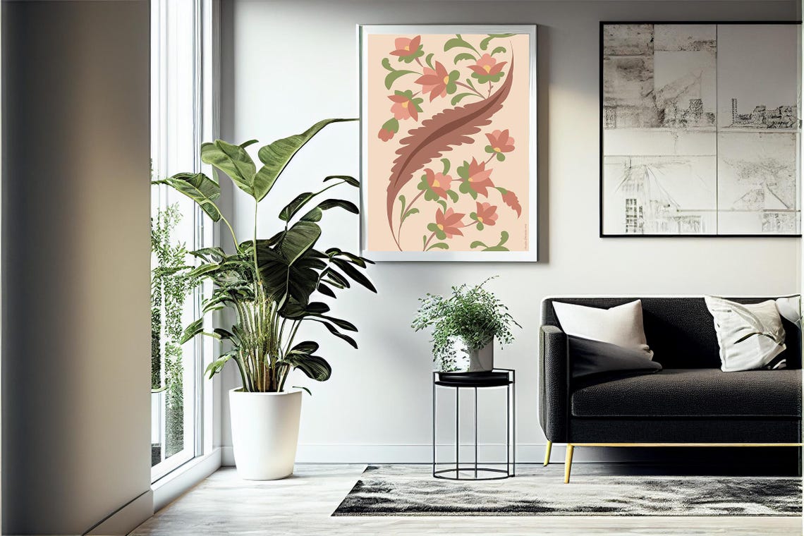 Pastel Floral Folk Art Soft Coral Peach Blossoms Beige Wall Print - Image 4