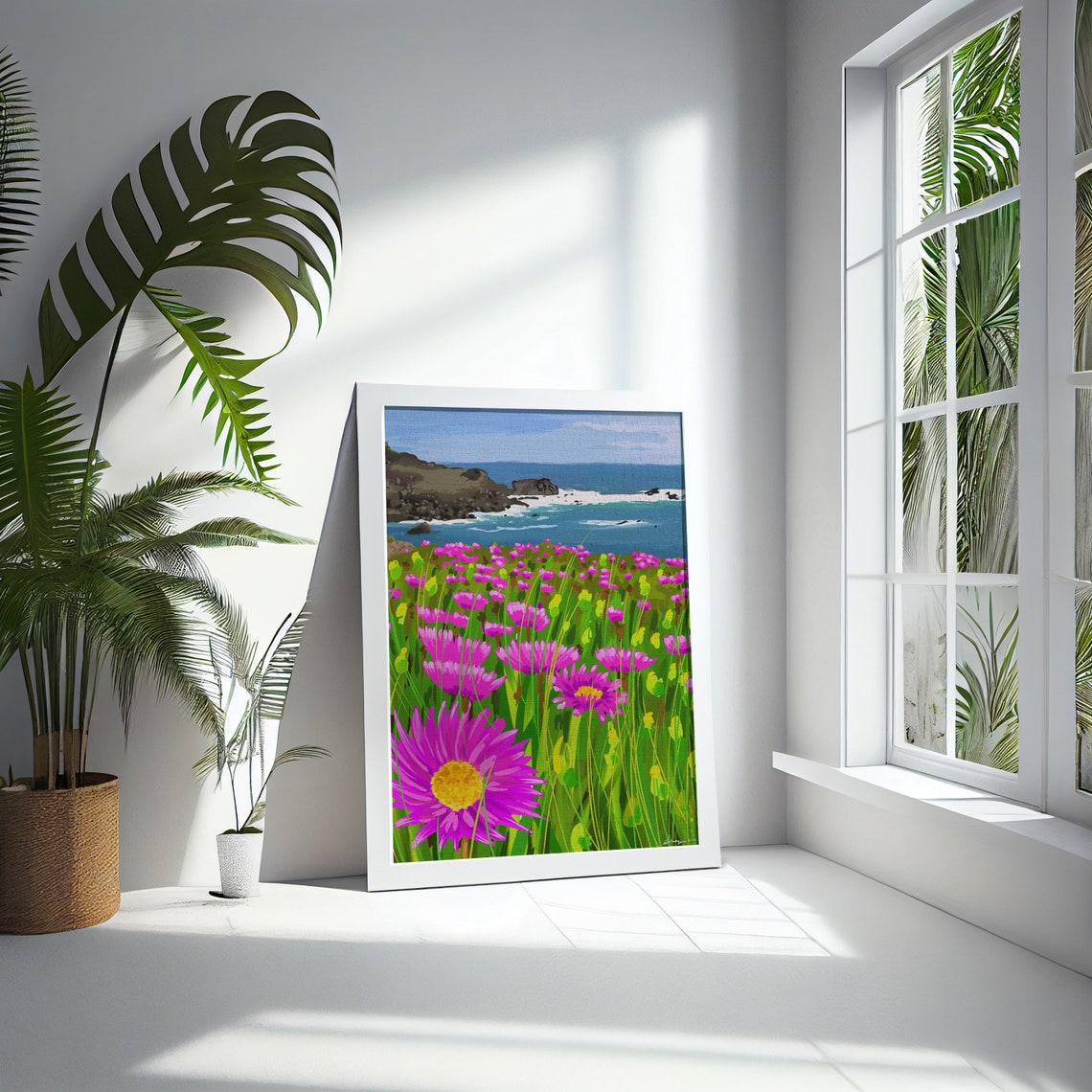 Pink Wildflower Field Rocky Coast Ocean View Coastal Wall Poster - Image 5