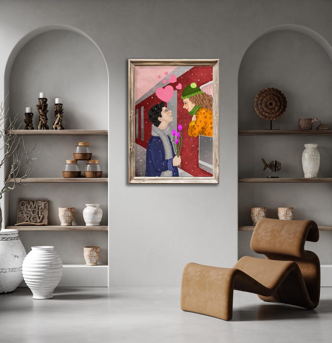 Valentines Day Snowy Train Window Romance Couple with Tulips Poster - Image 2