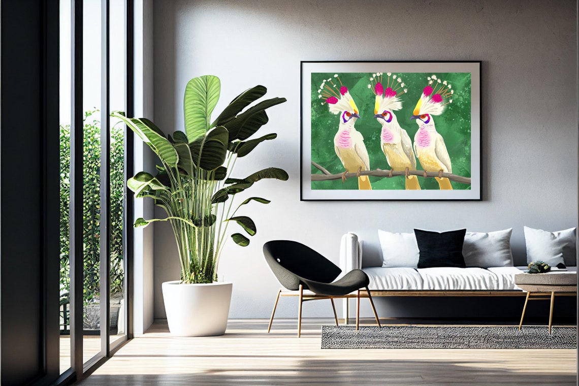Three Crested White Birds on Branch Green Background Wildlife Print - Image 4