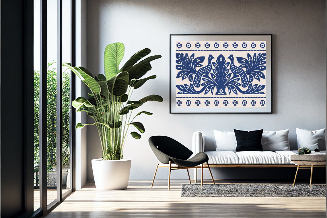 Navy Blue Peacock Folk Art Symmetrical Turkish Style Wall Print - Image 4
