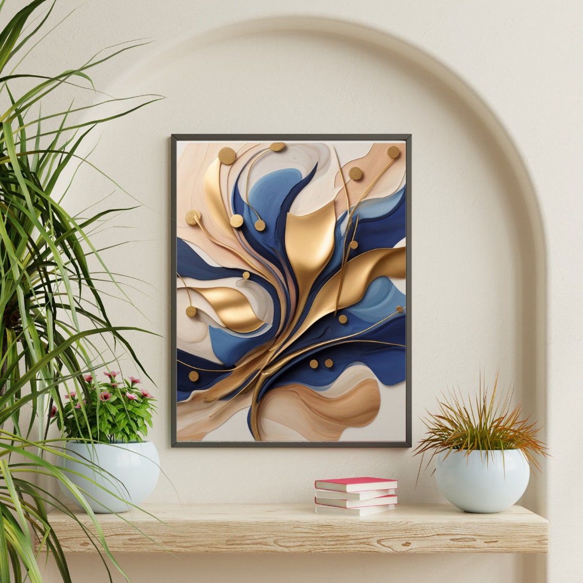 Navy Blue and Gold Flowing Floral Modern Abstract Elegant Art Poster - Image 2