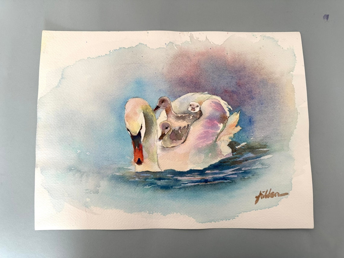 White Swan With Three Cygnets on Back Watercolor Lake Bird Poster - Image 6