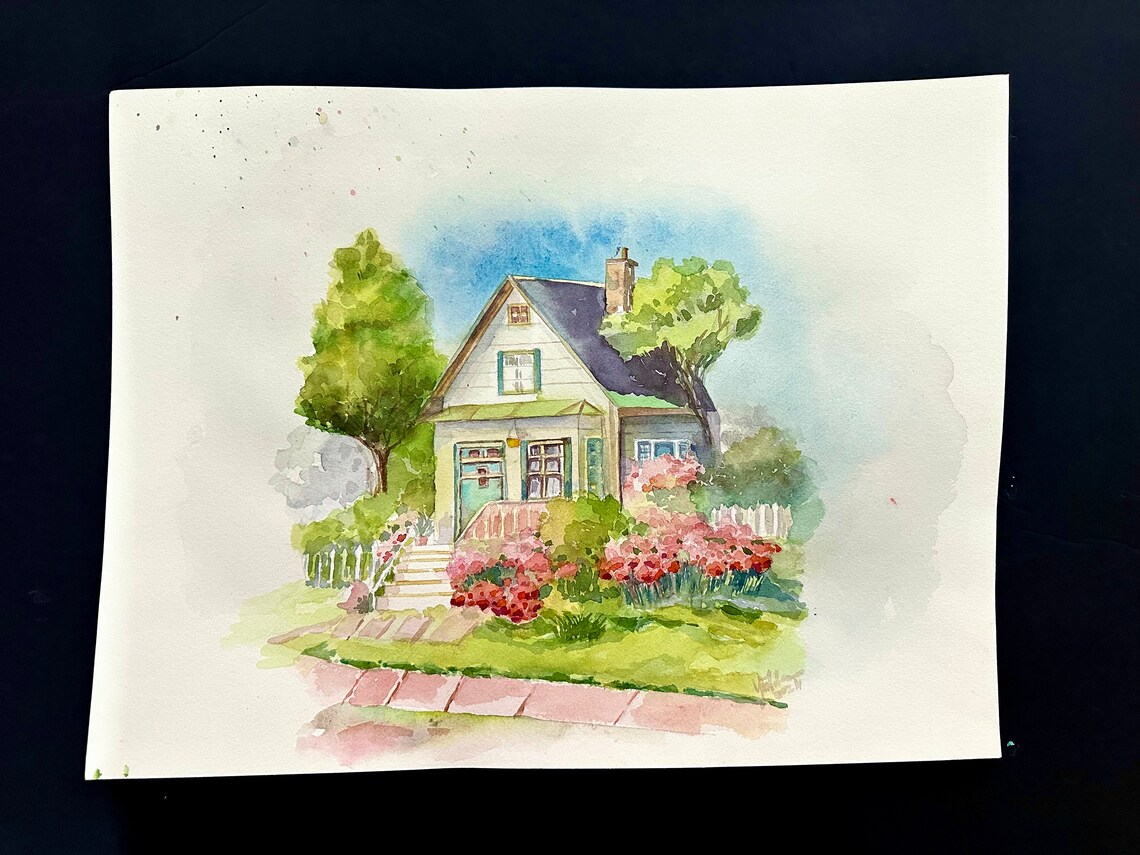 House Watercolor Painting Original Art House With Garden Painting House Portrait 12x16 In - Image 2