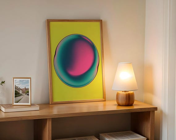 Abstract Gradient Sphere Poster Vivid Liquid Metal Wall Art Pink And Teal Iridescent Print Moden Minimalist Decor