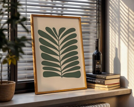 Minimalist Dark Green Palm Leaf Modern Botanical Line Poster