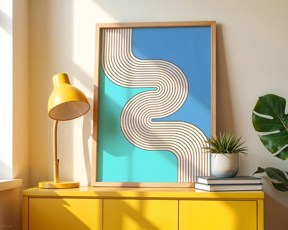 Modern Scurve Abstract Poster Blue Teal Geometric Wall Decor Chic Midcentury Home Office Gift Idea