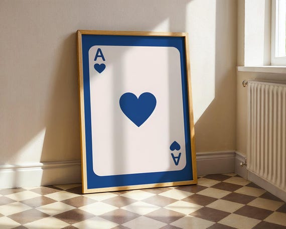 Blue Ace Of Hearts Playing Card Print Minimalist Retro Trendy Wall Decor Cobalt Aesthetic Poster Lucky Gift Idea