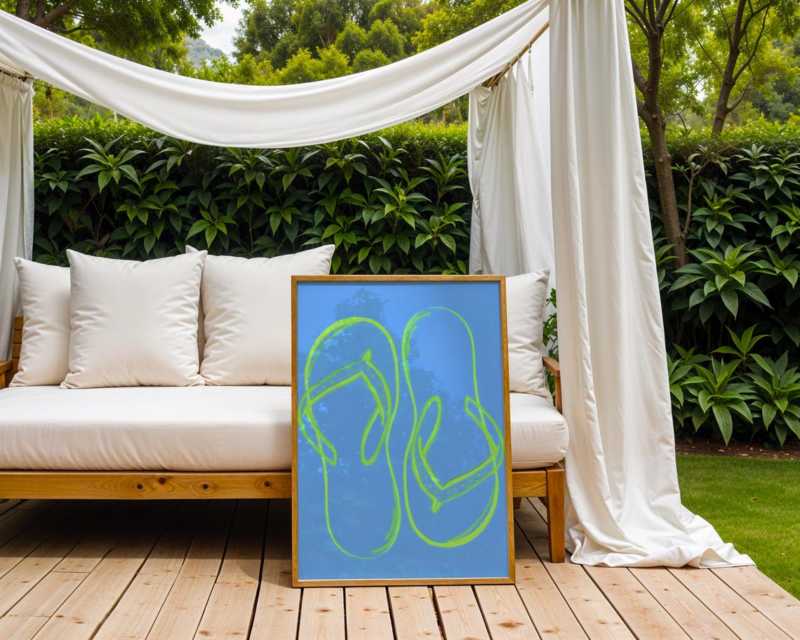Neon Lime Flip Flops Line Art Bright Blue Summer Beach Poster