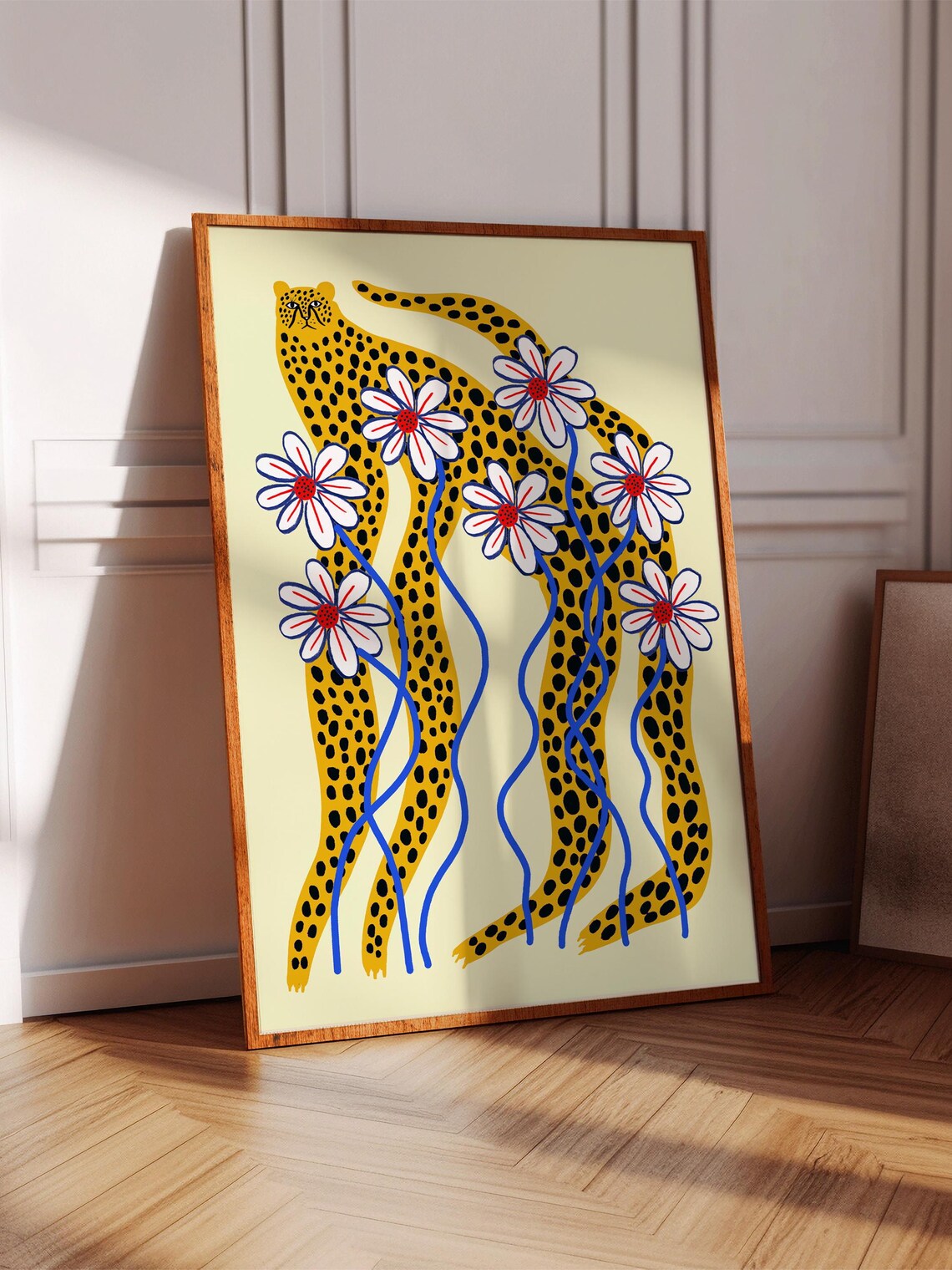 Playful Spotted Cheetah with Daisy Flowers Whimsical Art Poster