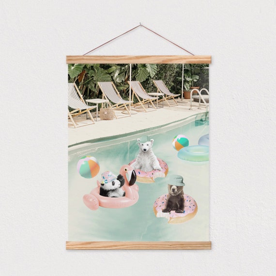 Baby Animals In Swimming Pool Swimming Rings Neutral Art Animal Adventures Print Funny Cute Animals Nursery 16x20