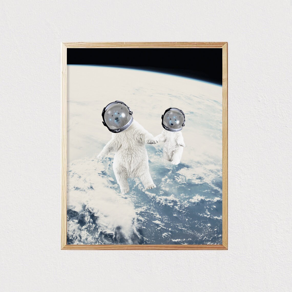 Polar Bears In Astronaut Helmets Floating Above Earth Funny Space Animal Poster - Image 2