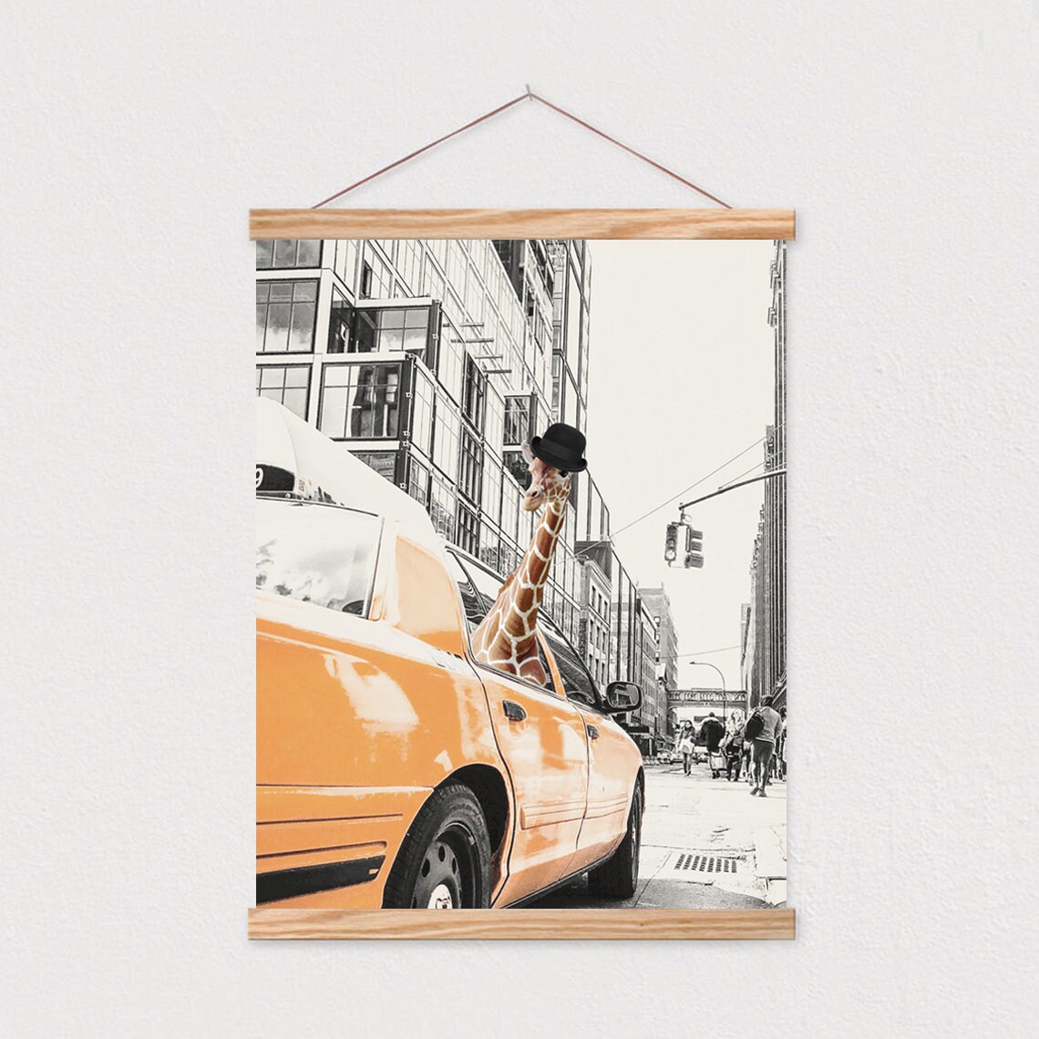 Giraffe Wearing Bowler Hat Riding Yellow New York Taxi Poster