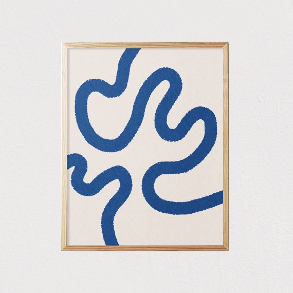 Abstract Blue Line Art Shapes Neutral Print Mid Century Modern Wall Art Minimalist Geometric Interior Decor 16x20