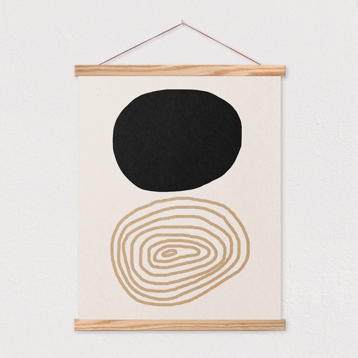 Black Stone Over Tan Swirl Lines Minimalist Abstract Wall Poster - Image 2