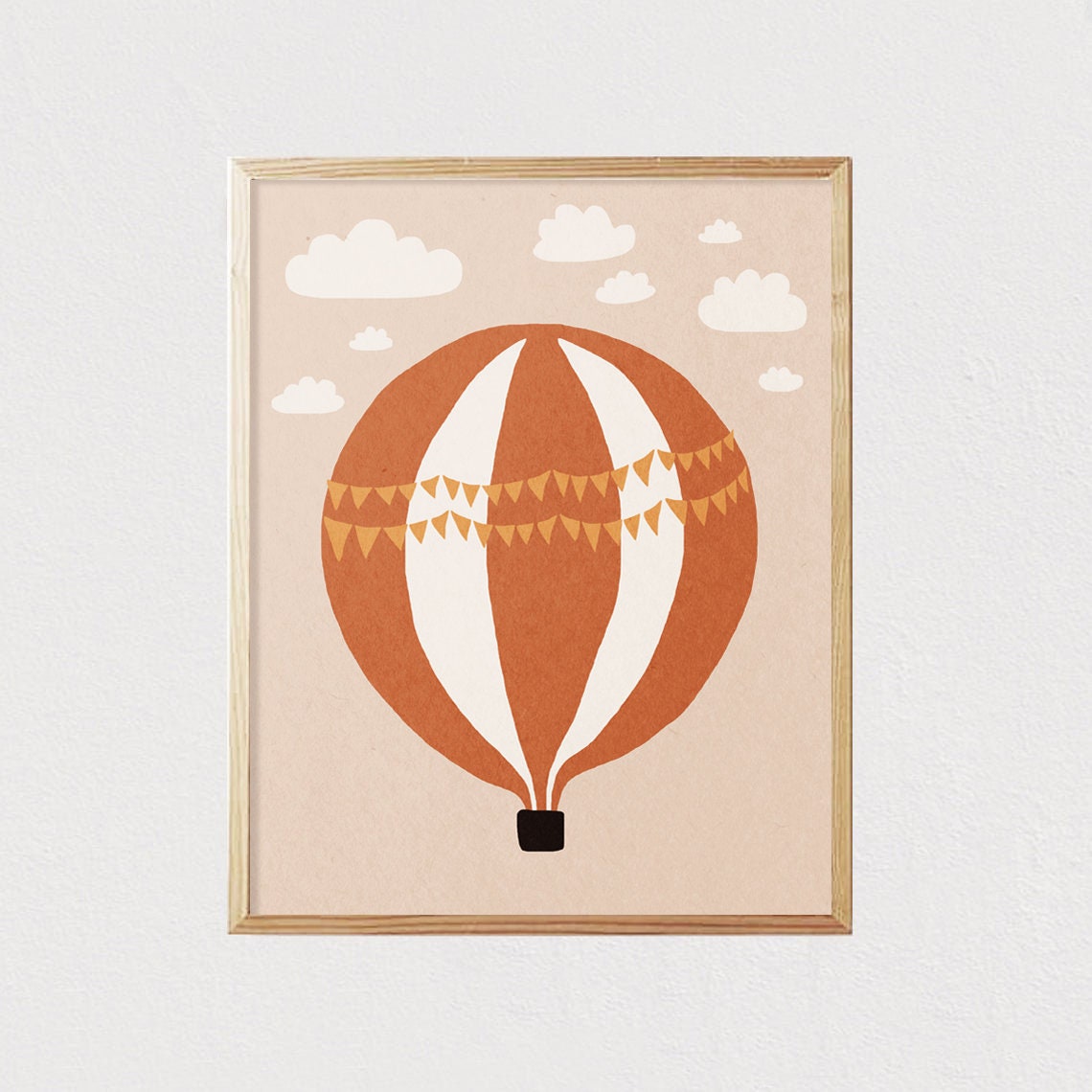 Air Balloon Clouds Illustration Art Neutral Boho Kids Art Earth Tones Nursery Room Interior Decor Mid Century File 16x20