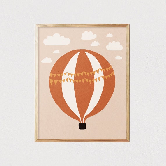 Air Balloon Clouds Illustration Art Neutral Boho Kids Art Earth Tones Nursery Room Interior Decor Mid Century File 16x20