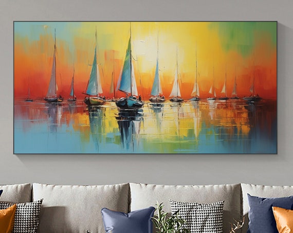 Abstract Sailboat Oil Painting On Large Wall Art Original Nautical Art Ocean Landscape Art Sunset Decor Custom Painting Home Decor