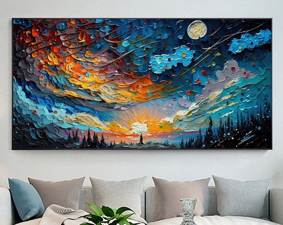 Original Colorful Sky Oil Painting On Large Wall Art Custom Painting Abstract Night Landscape Art Boho Wall Decor Living Room Art