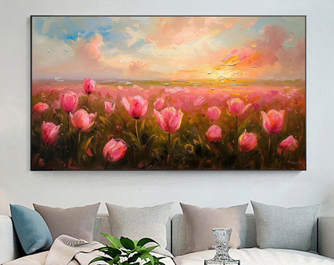 Pink Tulip Field at Golden Sunset Panoramic Oil Painting Art Print