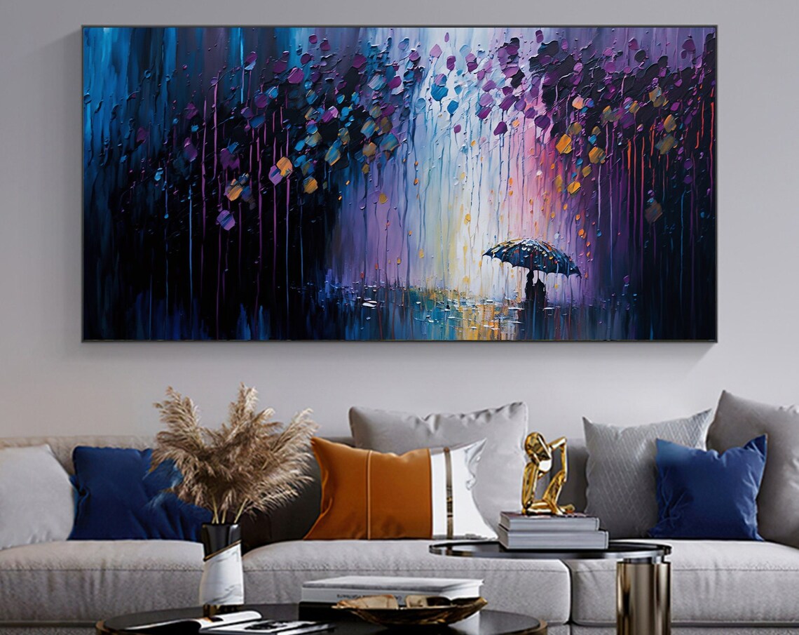 Umbrella Walker in Purple Night Rain Panoramic Oil Painting Art Print