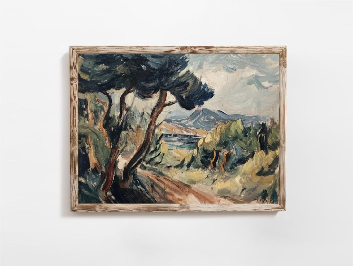 Vintage Impressionist Pine Tree Lakeside Mountain Landscape Poster