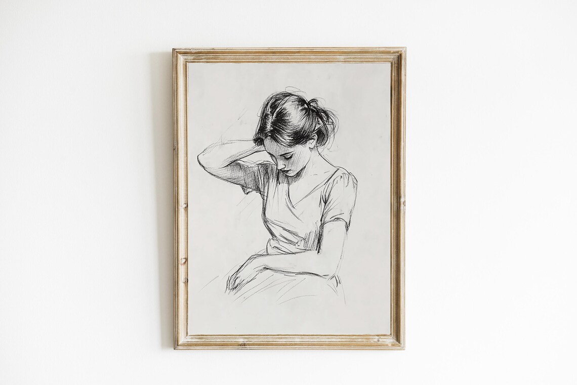 Woman Adjusting Hair Line Sketch Drawing Contemporary Art Poster