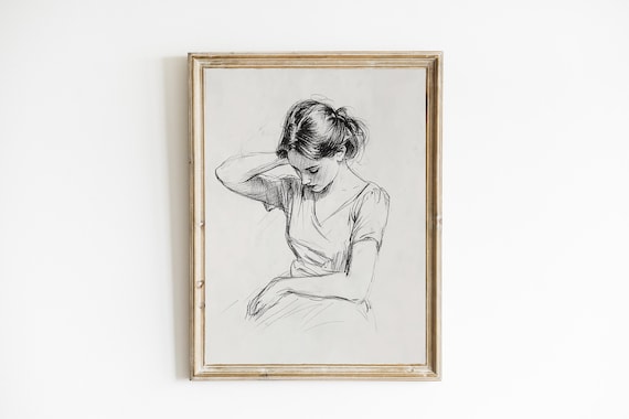 Sketch Of A Woman Line Drawing Neutral Farmhouse Wall Decor Contemporary Modern Art E925