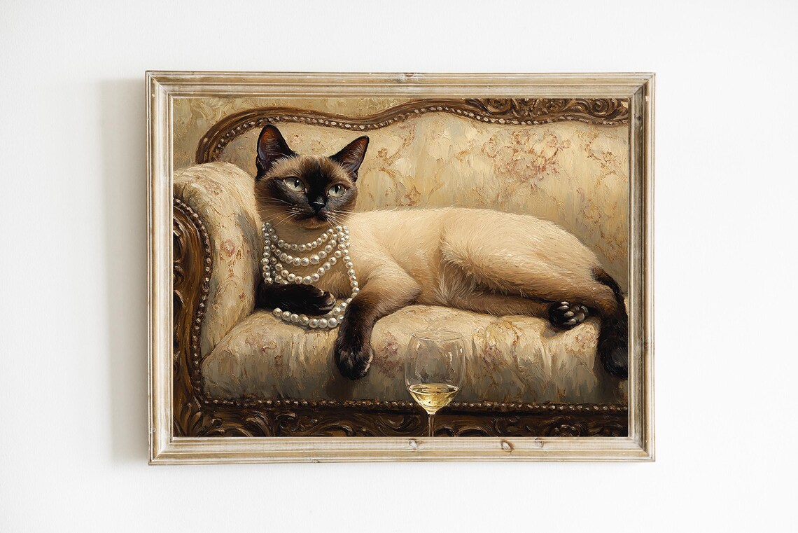 Elegant Siamese Cat with Pearls Vintage Style Animal Art Poster