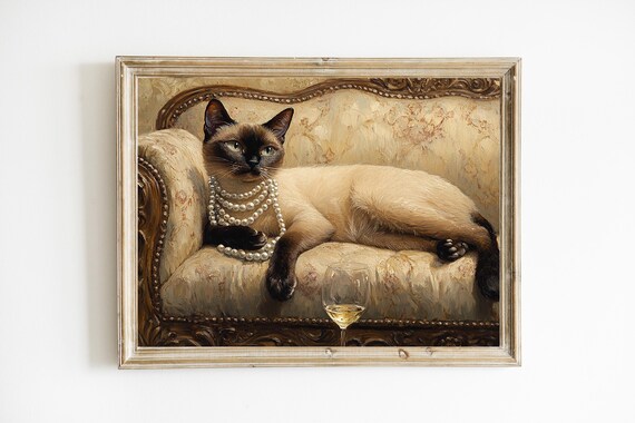Elegant Siamese Cat with Pearls Vintage Style Animal Art Poster