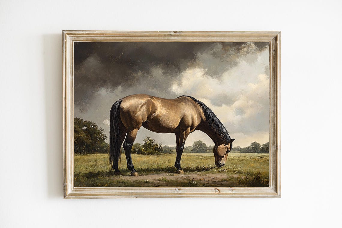 Grazing Bay Horse Under Stormy Sky Rustic Field Painting Poster