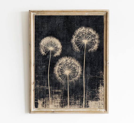 Dandelion Seed Print Dark Vintage Moody Wall Art Botanical Decor Academia E673