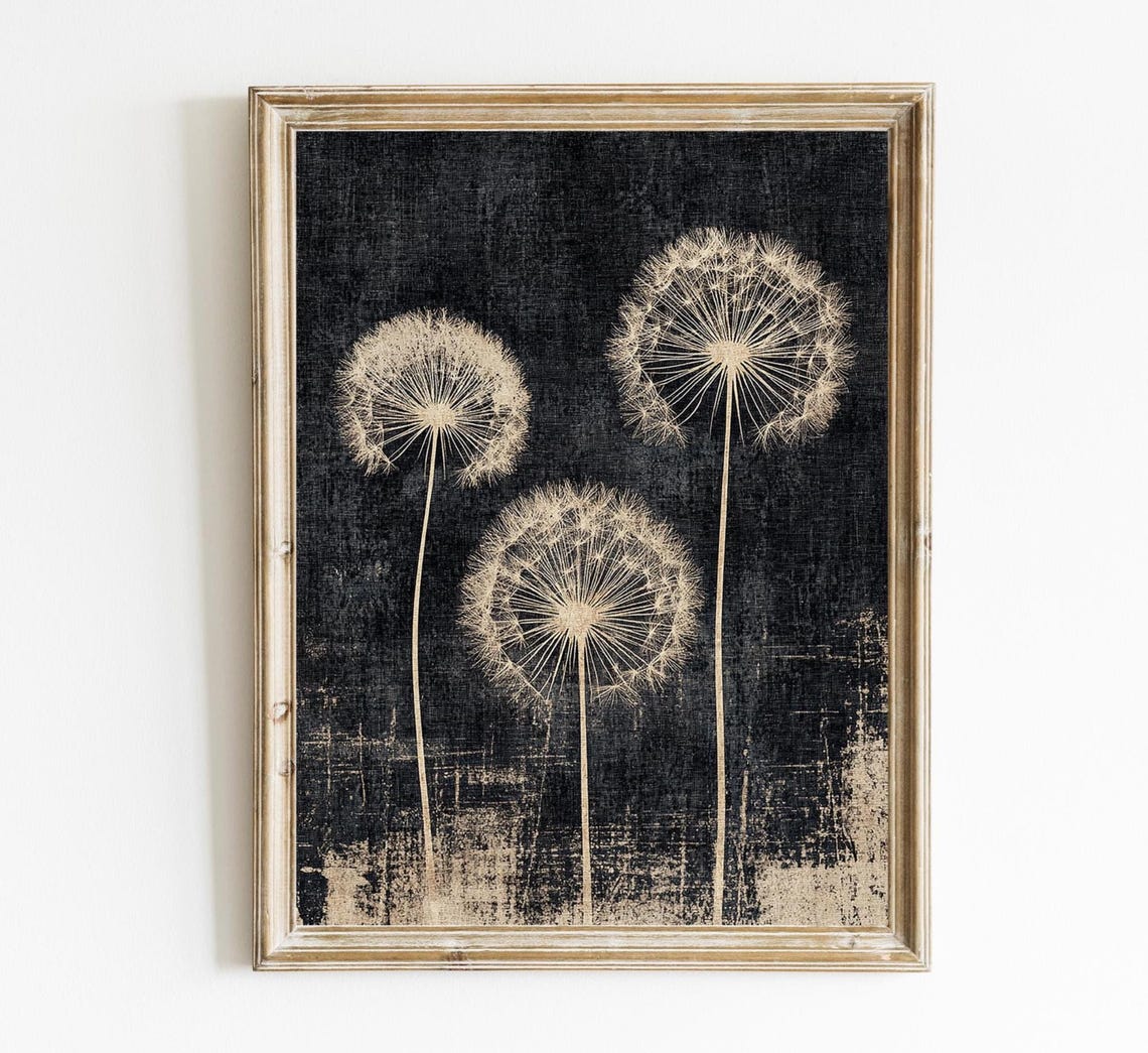 Three Dandelion Clocks Cream on Black Vintage Botanical Poster