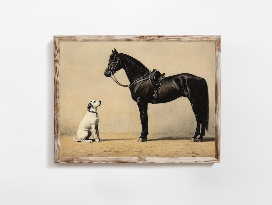 Black Horse and White Dog Vintage Equestrian Portrait Poster Antique
