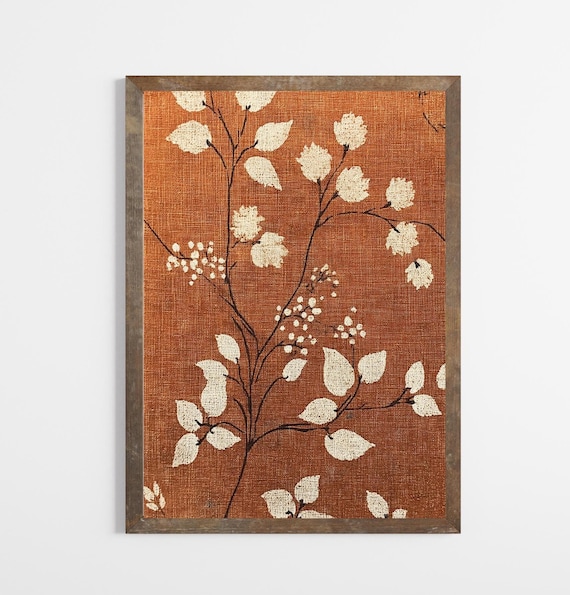 Cream Leaf Branches on Rust Vintage Textile Tapestry Decor Print