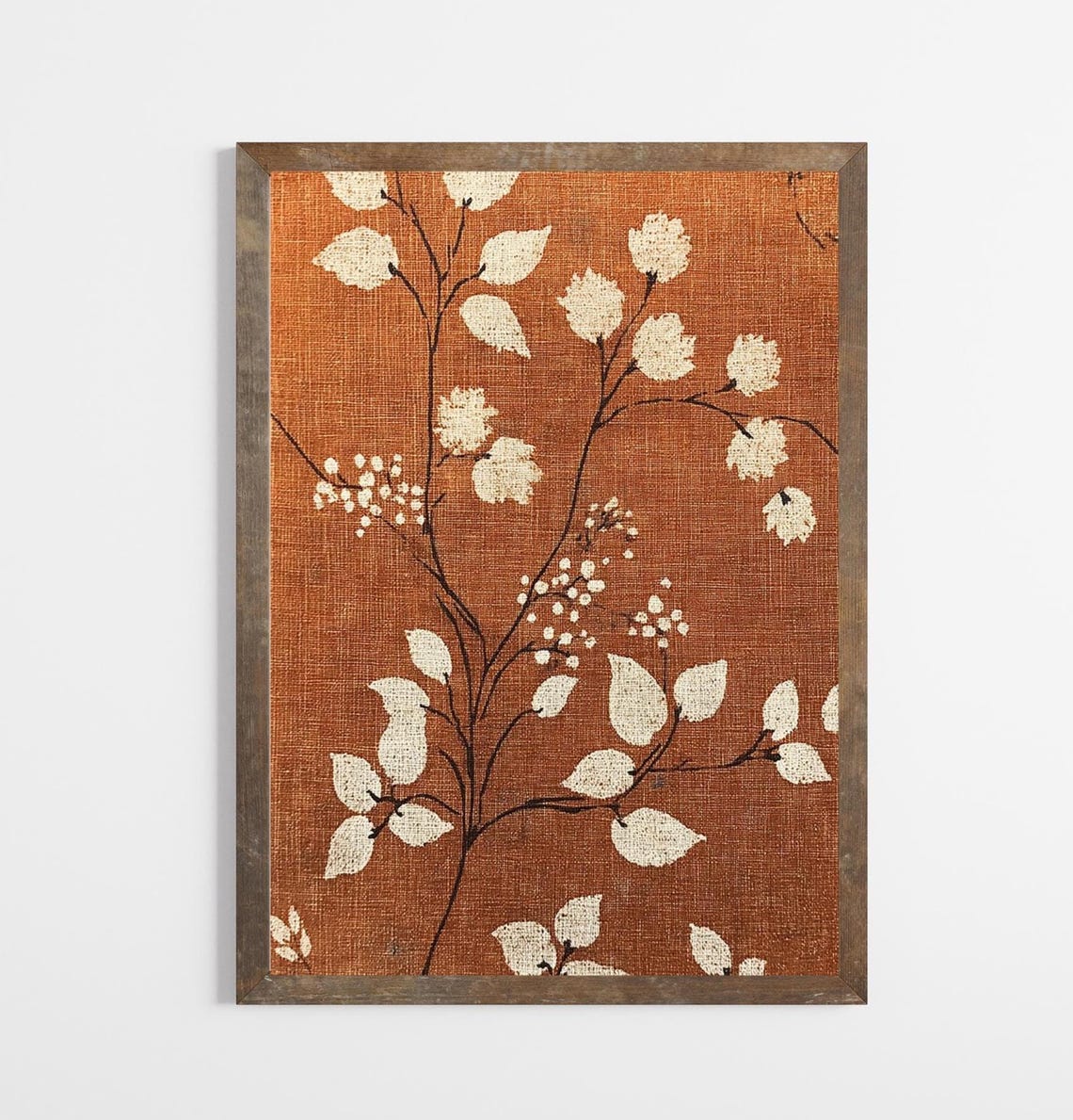 Cream Leaf Branches on Rust Vintage Textile Tapestry Decor Print