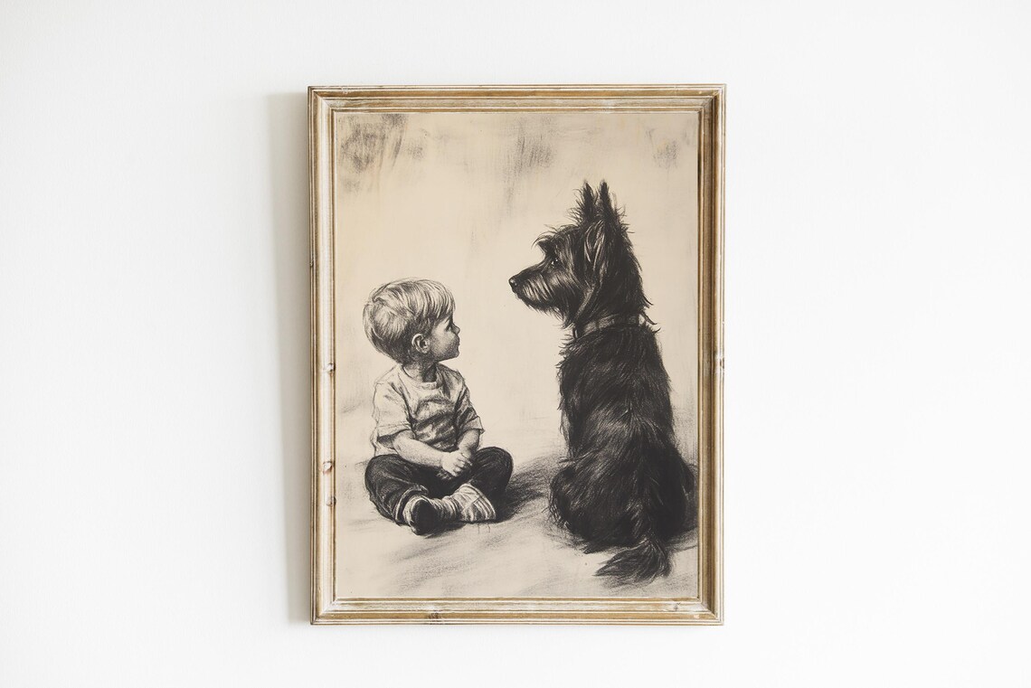 Boy And Dog Sitting Charcoal Sketch Kids Room Farmhouse Wall Poster