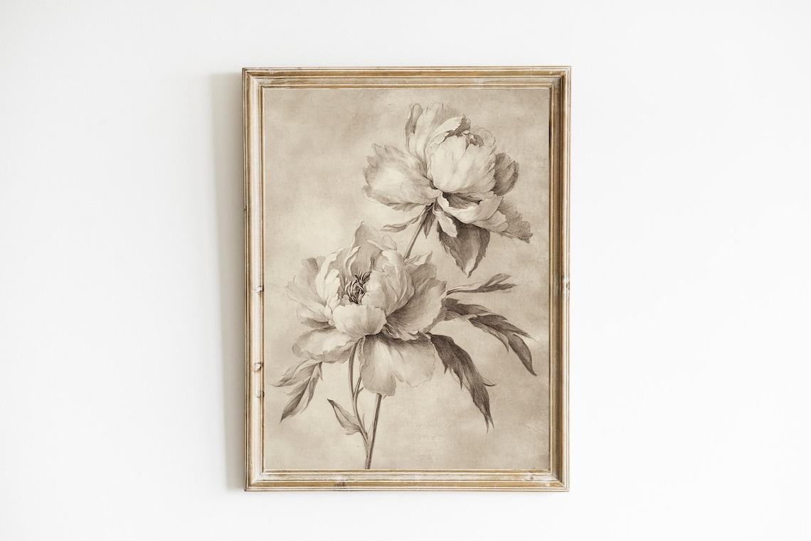 Vintage Sepia Peony Botanical Print with Antique Floral Illustration