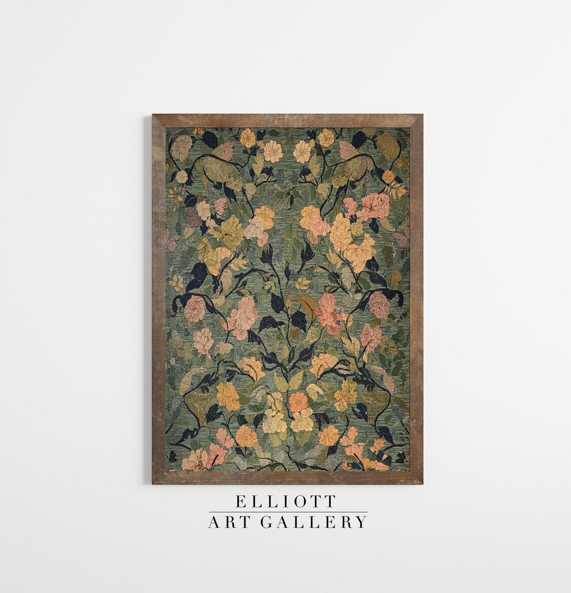 Vintage Green Floral Tapestry Botanical Poster in Soft Muted Tones