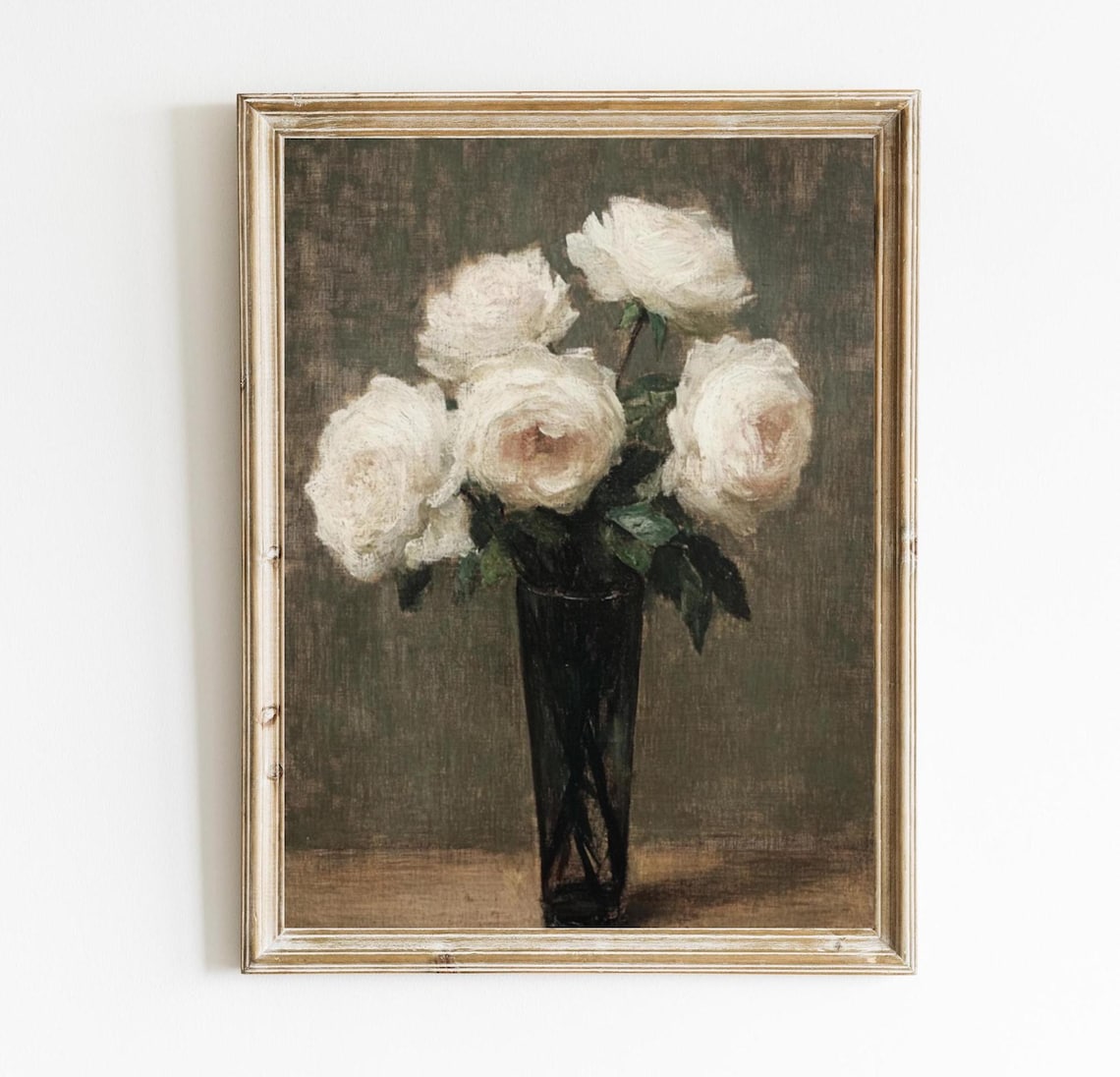 White Roses Still Life in Dark Vase Vintage Floral Painting Poster