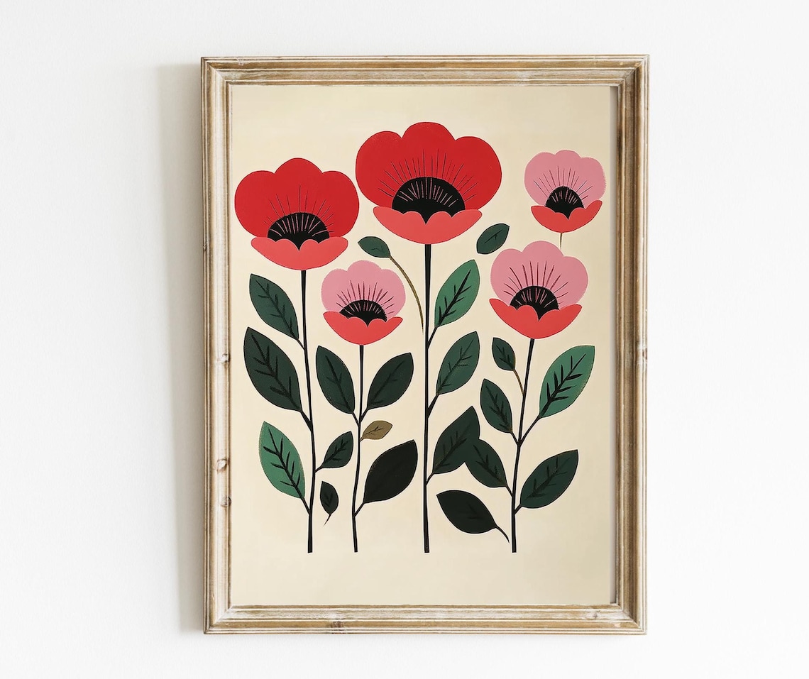 Red and Pink Poppies Spring Botanical Floral Modern Boho Art Print