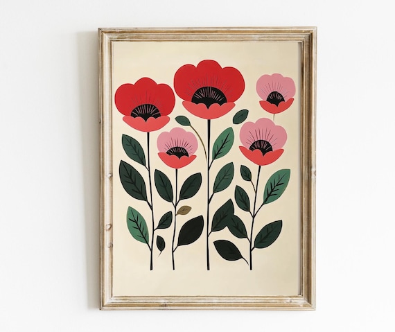 Red and Pink Poppies Spring Botanical Floral Modern Boho Art Print