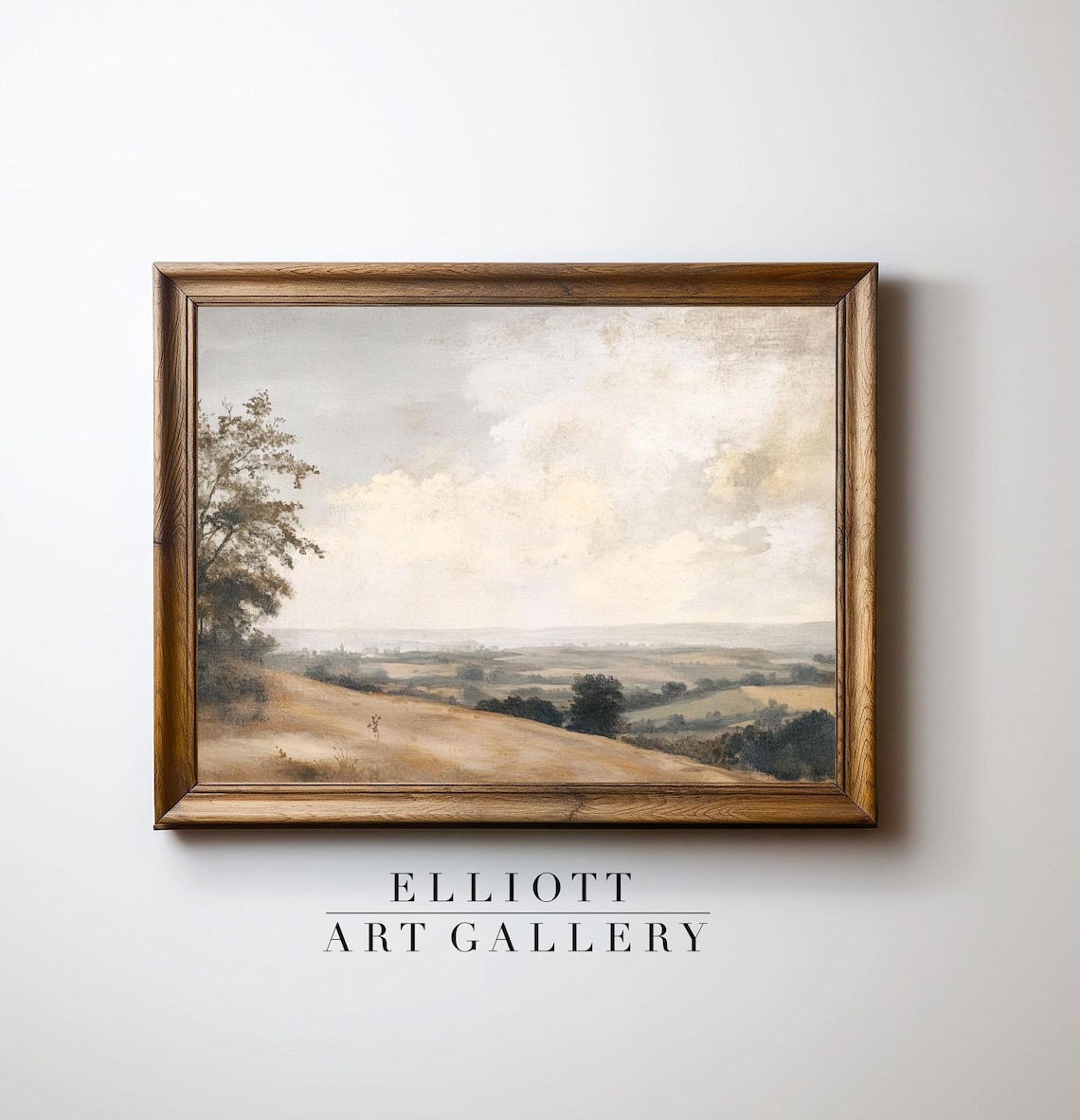 Antique Muted Valley Landscape Poster Cloudy Sky Vintage Countryside