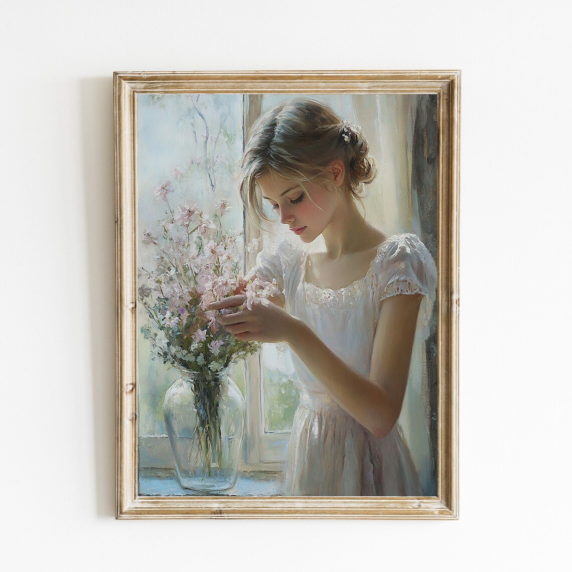 Woman Arranging Flowers Vintage Oil Painting Poster Soft Floral Art