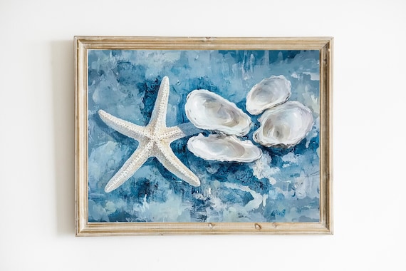 White Starfish Oyster Shells Blue Coastal Watercolor Art Poster