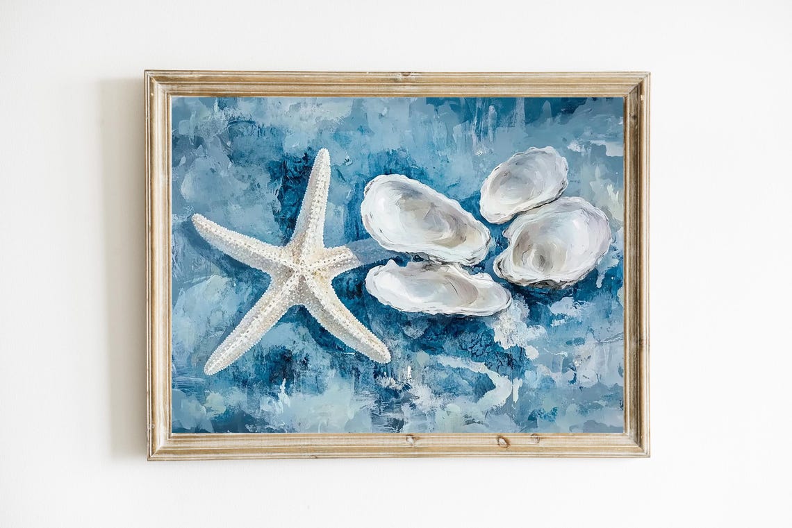 White Starfish Oyster Shells Blue Coastal Watercolor Art Poster