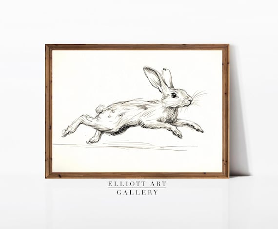 Leaping Hare Ink Sketch Antique Rabbit Drawing Vintage Animal Art Print